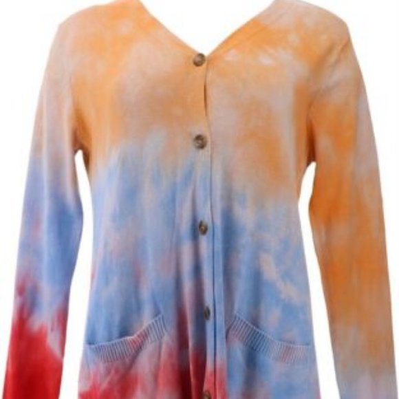 NWT LOGO LORI GOLDSTEIN HAND TIE-DYE BUTTON CARDIGAN SWEATER VIOLET COMBO XXS - Picture 2 of 9